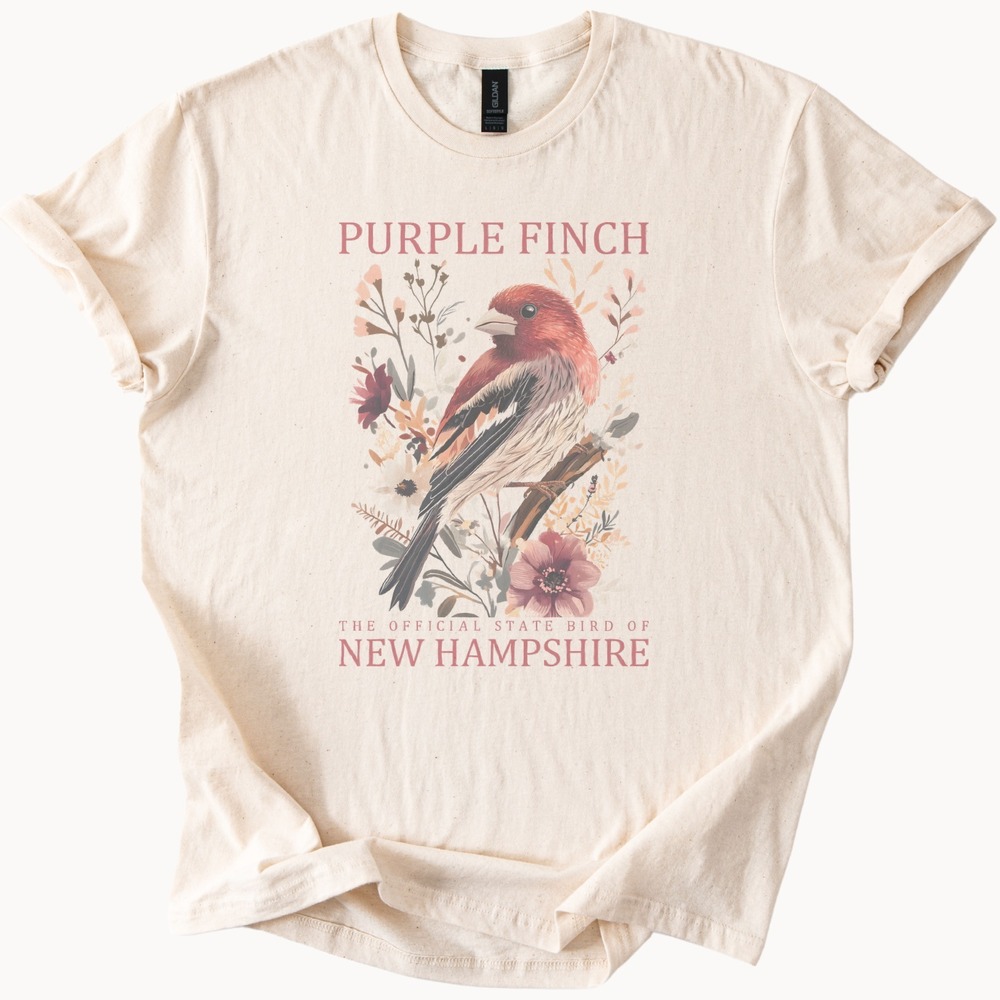 Purple Finch Botanical Graphic Tee Natural Watercolor Bird Art